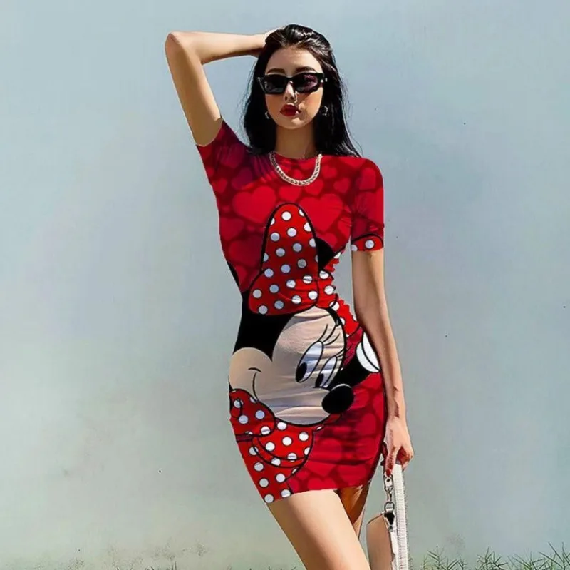 Disney Mickey Minnie Stitch Tight Fitting Dress Cartoon Sexy Print Woman's Dress Beach Party High Street Dresses Girls Gifts