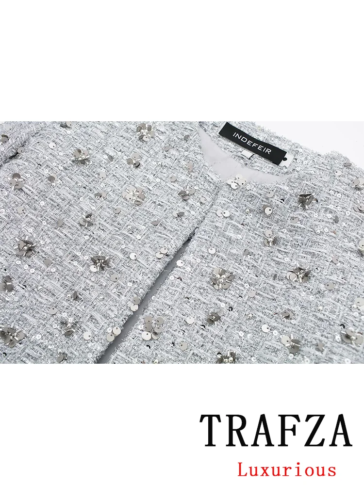 TRAFZA Vintage Casual Chic Women Jackets Sequins O-Neck Open Stitch Long Sleeve Coats New Fashion 2024 Spring Holiday Coats