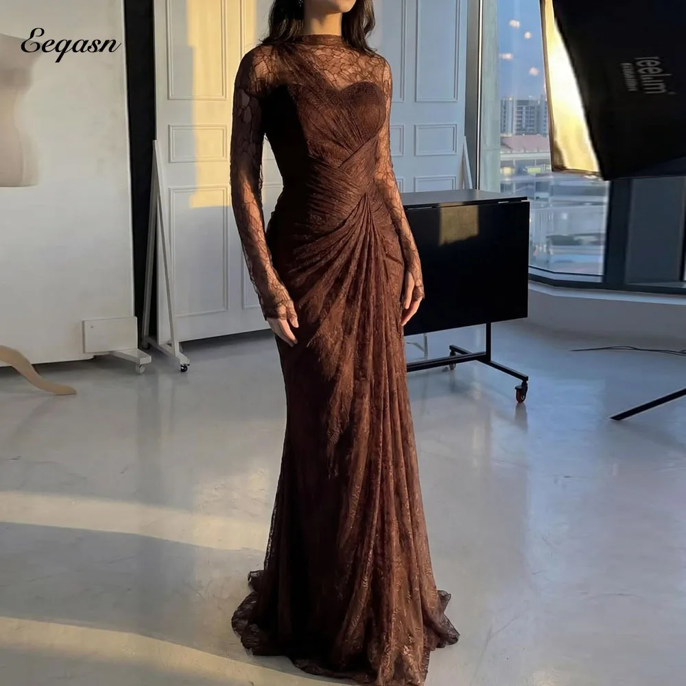 

Eeqasn Luxury Brown Evening Dress Mermaid Long Sleeves Ruched Lace Women's Wedding Party Attire Mermaid Formal Gowns Customized
