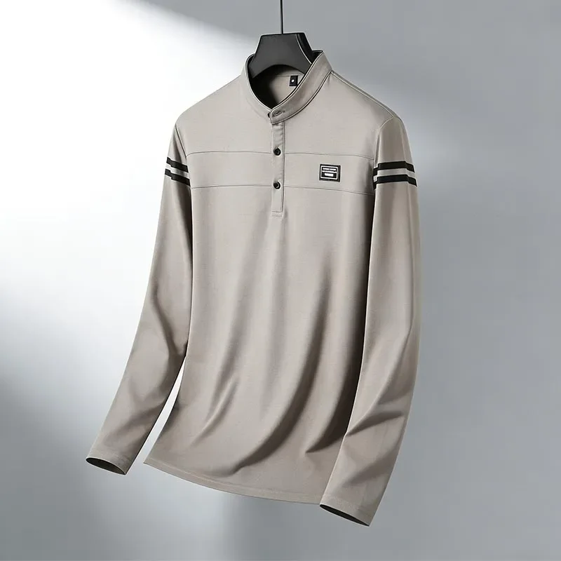 Essential Men's Navy Long Sleeve Polo Shirt with Mandarin Collar – All-Season Basic Wear