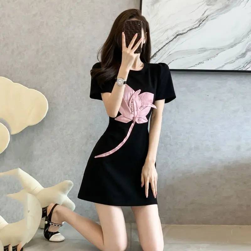 Female Tulip Dress Female 2023 Summer Round Neck Loose T-shirt Dress Dress Female Age Reducing Short Sleeve Dress Female Tops