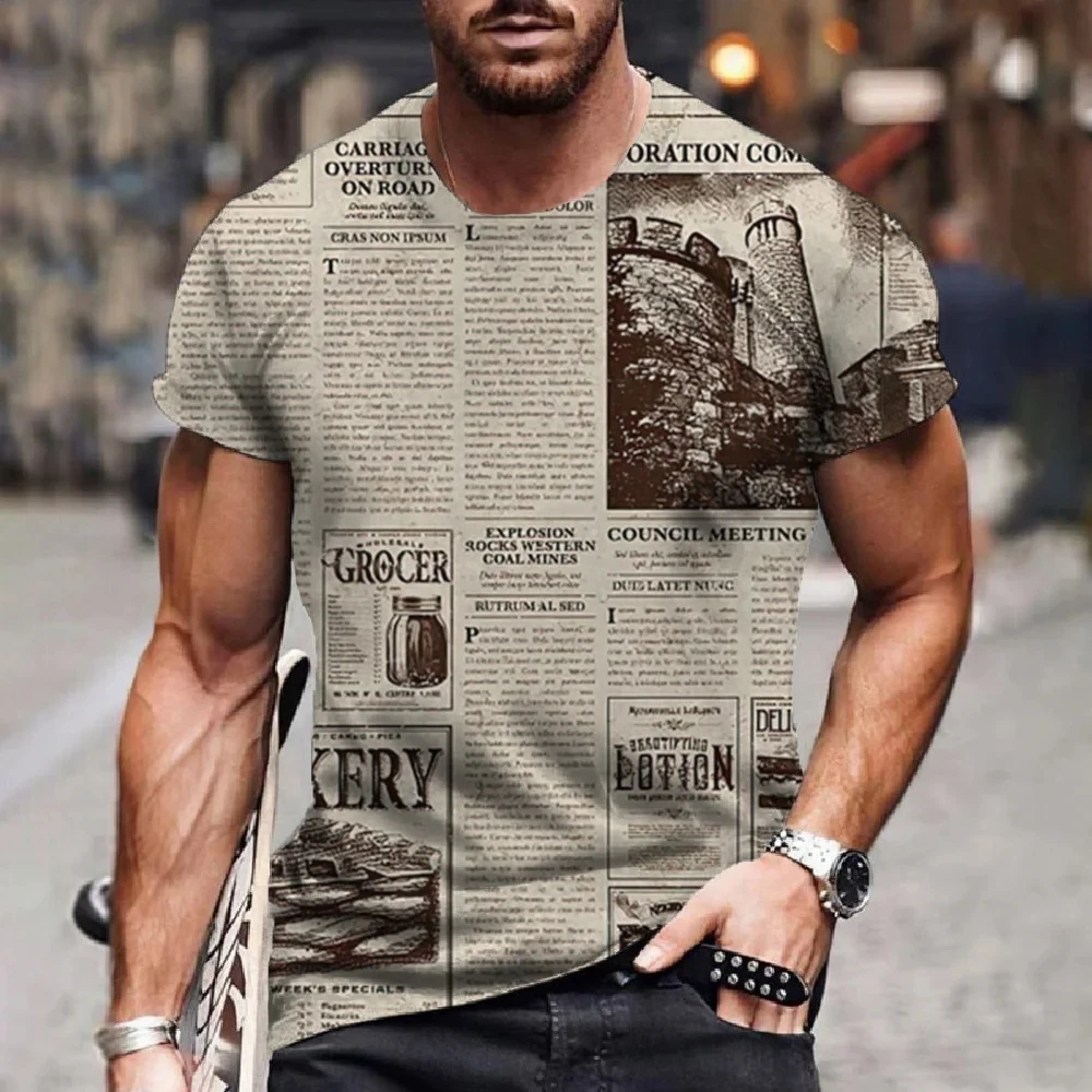 Classic Retro Old Newspaper Men\'s Printed T-shirt Casual Fashion Hip Hop Fun Loose Short Sleeve Street Trend Large Top