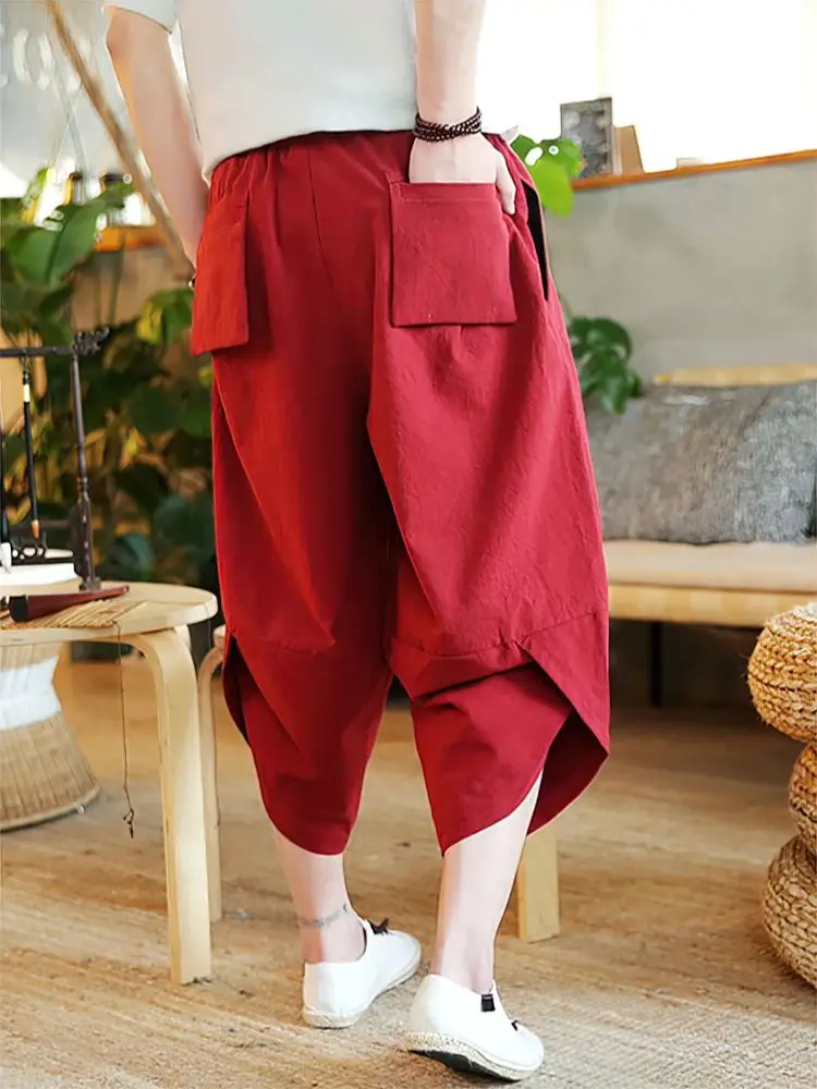 Strand Sommer Baumwolle Leinen Cargo-Shorts Männer Baggy Breite bein Casual Capris Hosen Männliche Sport Laufshorts 2025, Harem Hosen – Detail 7