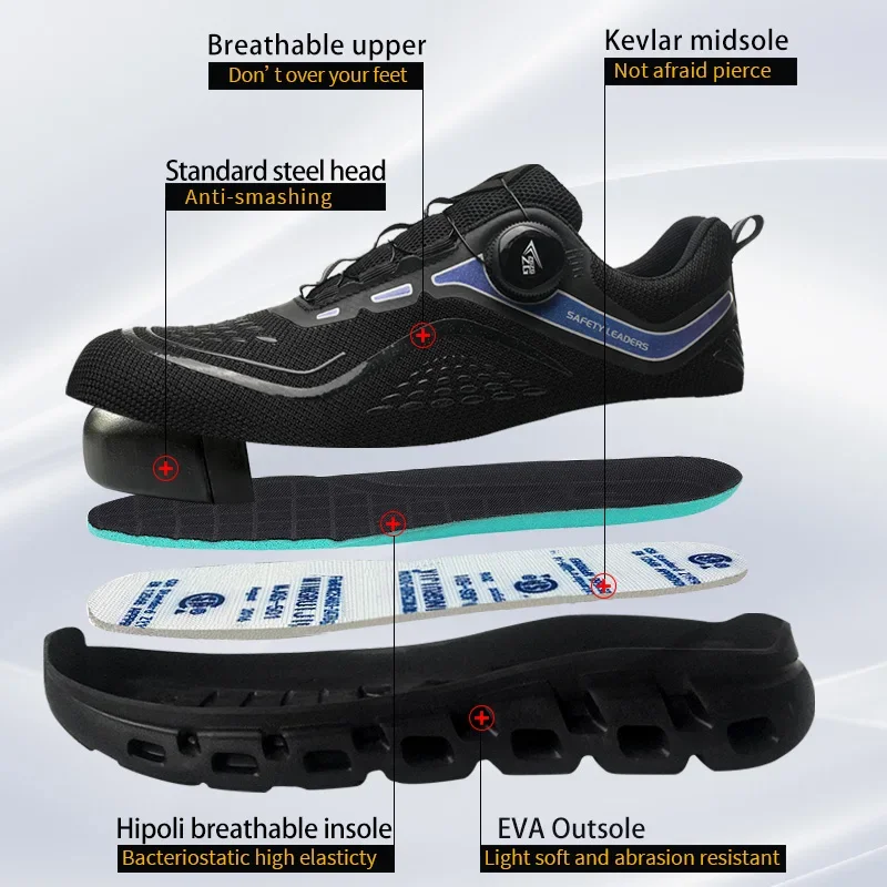 Zapatos de seguridad con botón giratorio para hombre, zapatillas de deporte con punta de acero a prueba de perforaciones, botas protectoras