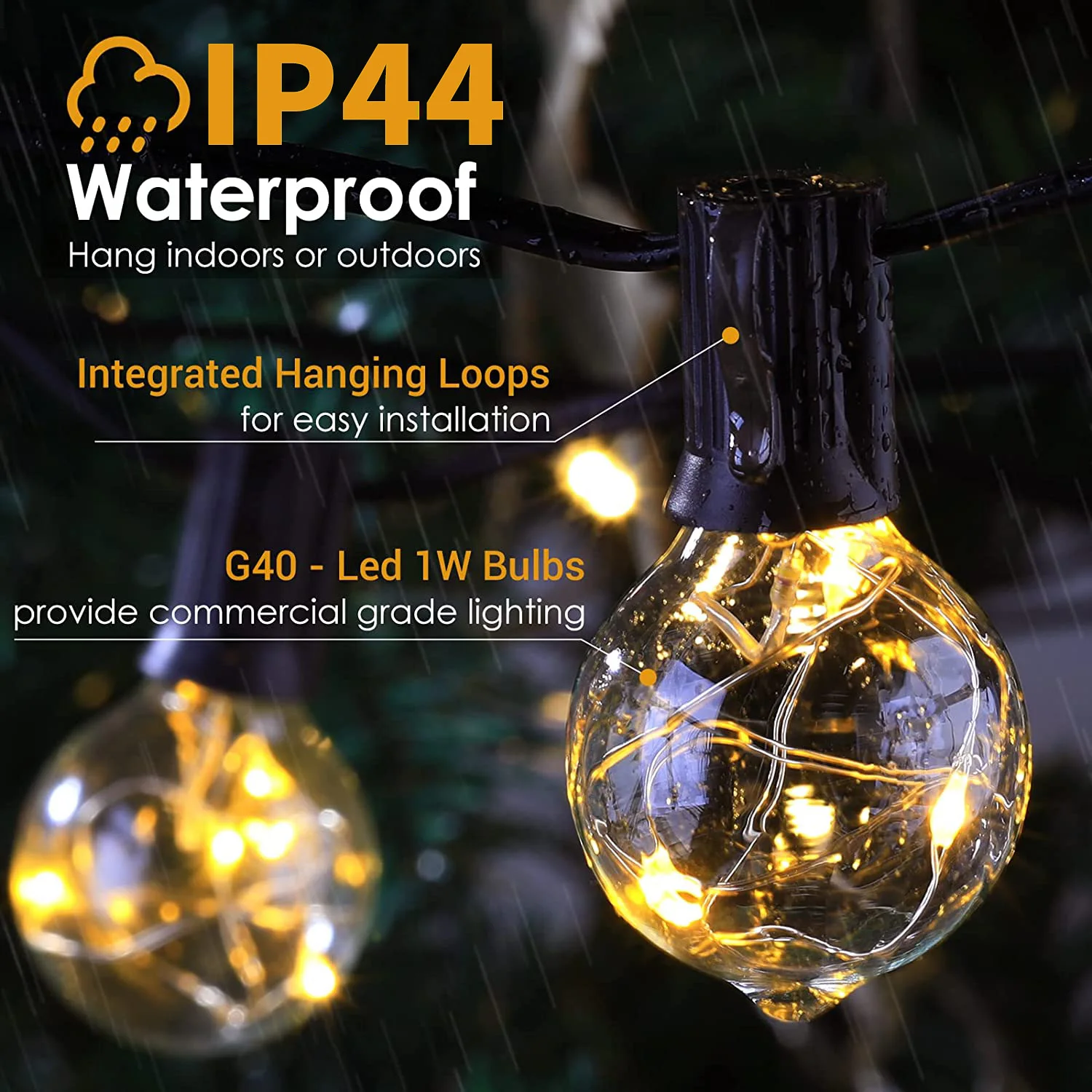 Lampu tali LED luar ruangan, lampu tali bola dunia G40 untuk dekorasi pesta balkon beranda luar halaman belakang, 8 mode, dengan kendali jarak jauh