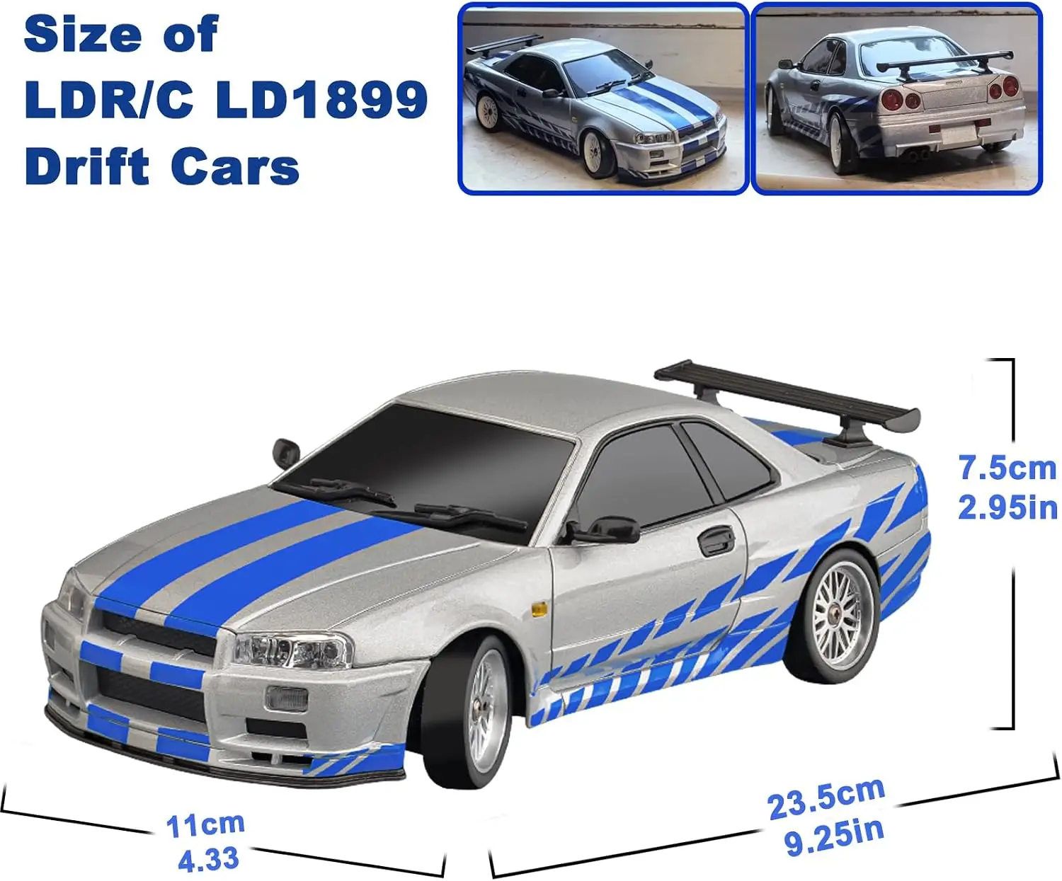 LDRC LD1899 1/18 RC Drift Car Skyline GTR R34 | 2.4GHz RWD Drift Car With Gyro,LED Lights & 3 Batteries Silver
