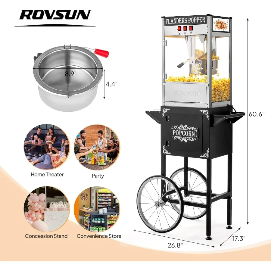 ماكينة صنع الفشار بعجلات العربة، غلاية سعة 10 أونصة، ماكينة صنع الفشار المعتمدة من ETL مع مغرفة زيت من الفولاذ المقاوم للصدأ #3