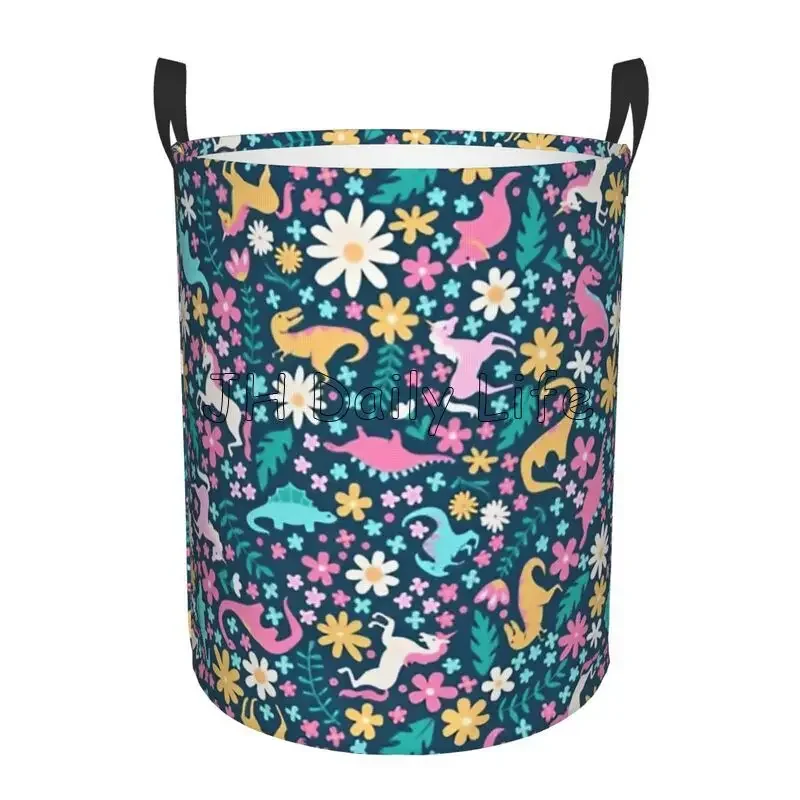 Cartoon Dinosaurussen Ronde Wasmand Grote Capaciteit Doek Wasmand Oxford Speelgoed Organizer voor Thuis Dorm Decor - afbeelding 1