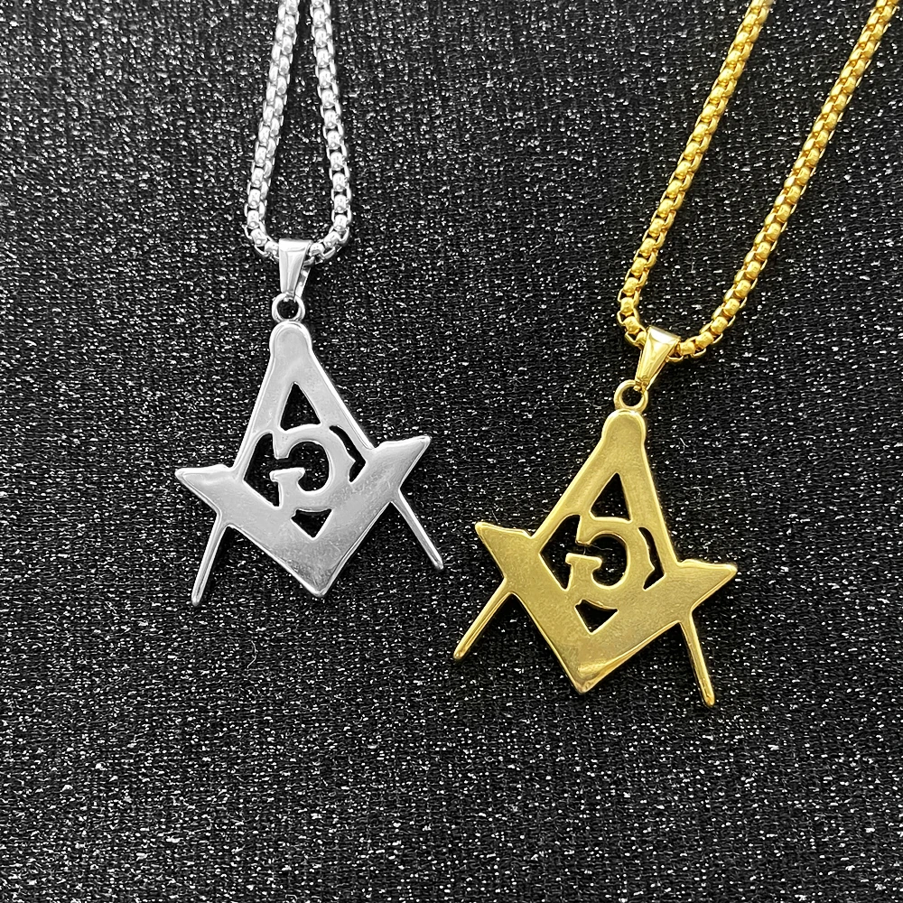 Men's silver gold color Free Mason Pendant 316L Stainless Steel with rhinestone Freemason Masonic Pendant With Necklace