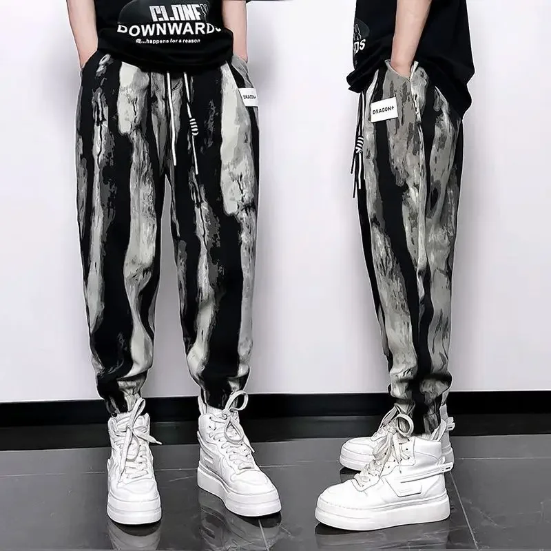 Men Clothing Spring Summer 2024 Chinese Style Men\'s Ice Silk Pants Thin National Fashion Printed Sports Pants Baggy Pants Homme