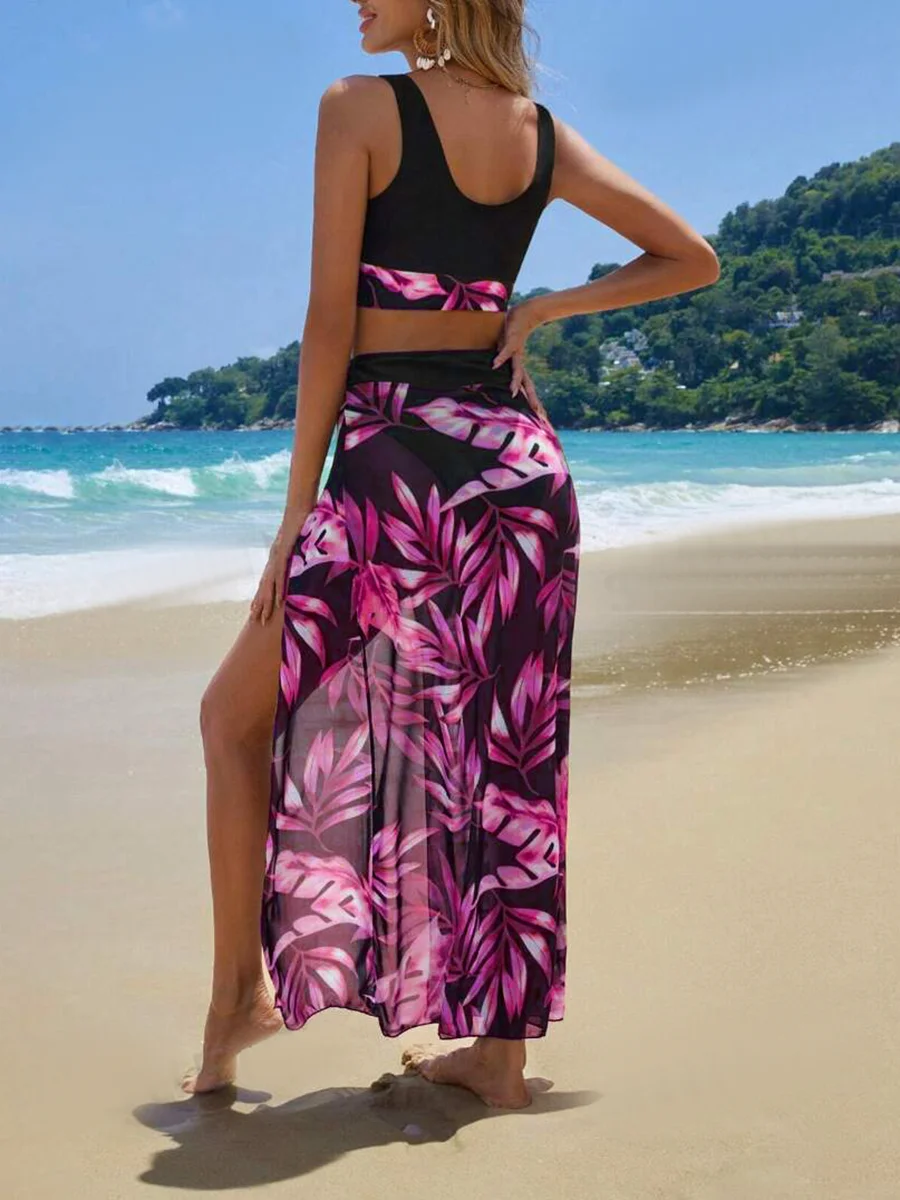 2024 Print Three Pieces Bikini With Vent Long Skirt Swimsuit Women Swimwear Female Bather Bathing Swimming Swim Suit Beachwear