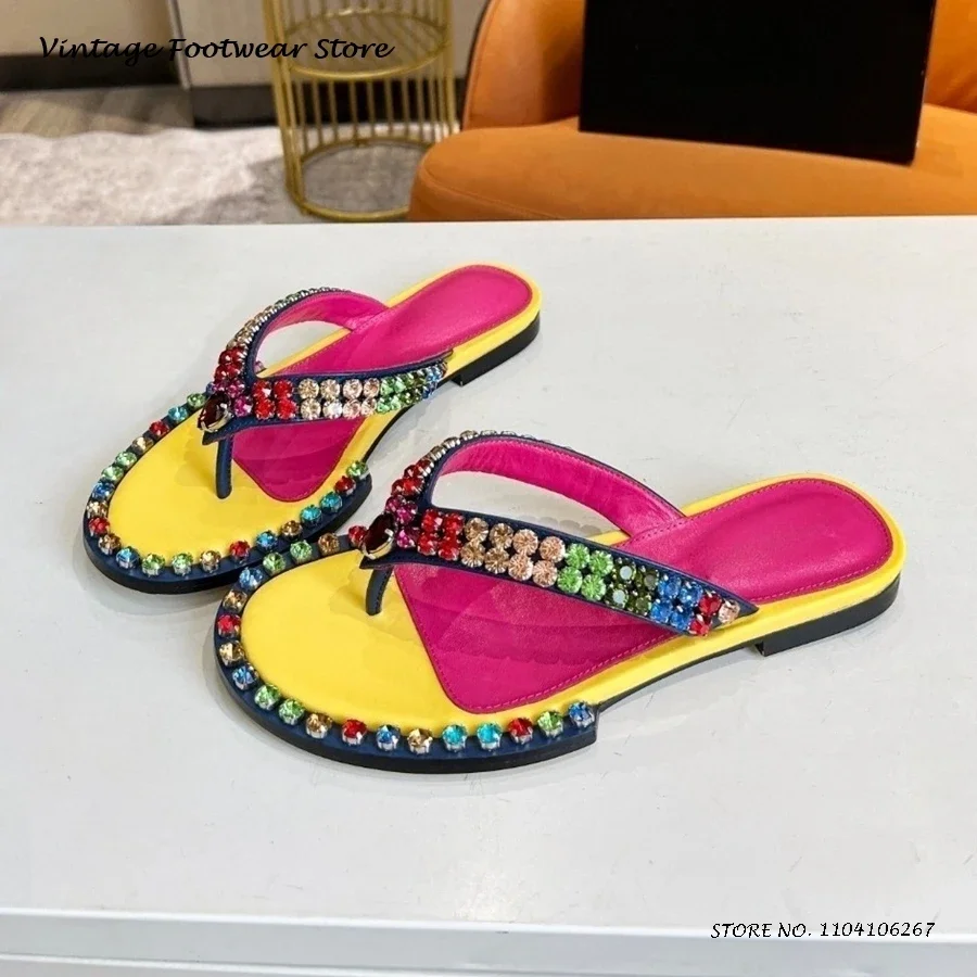 

Colorful Crystal Embellished Flip Flops Charming Round Open Toe Flat With Casual Shoes Women's Summer Trending Modern Slippers