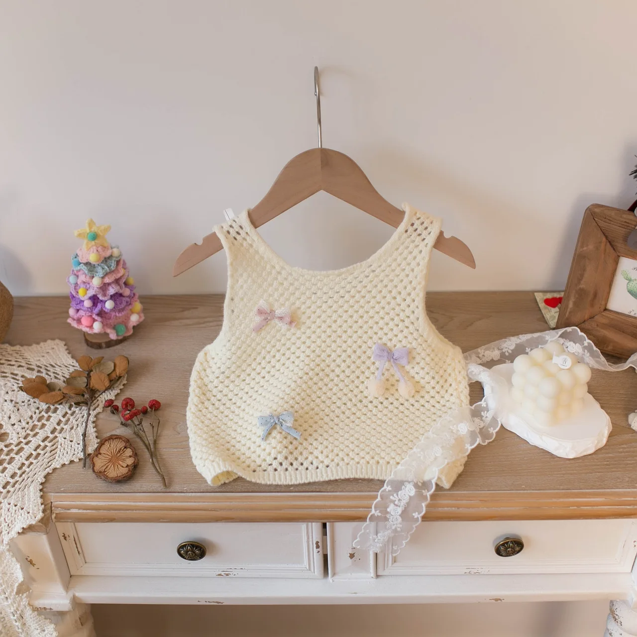 2026 New Spring Kids Vest 6M-4T Solid Color Bow Baby Girls Waistcoat Sweet Hollow-out Infant Clothes Children Tops