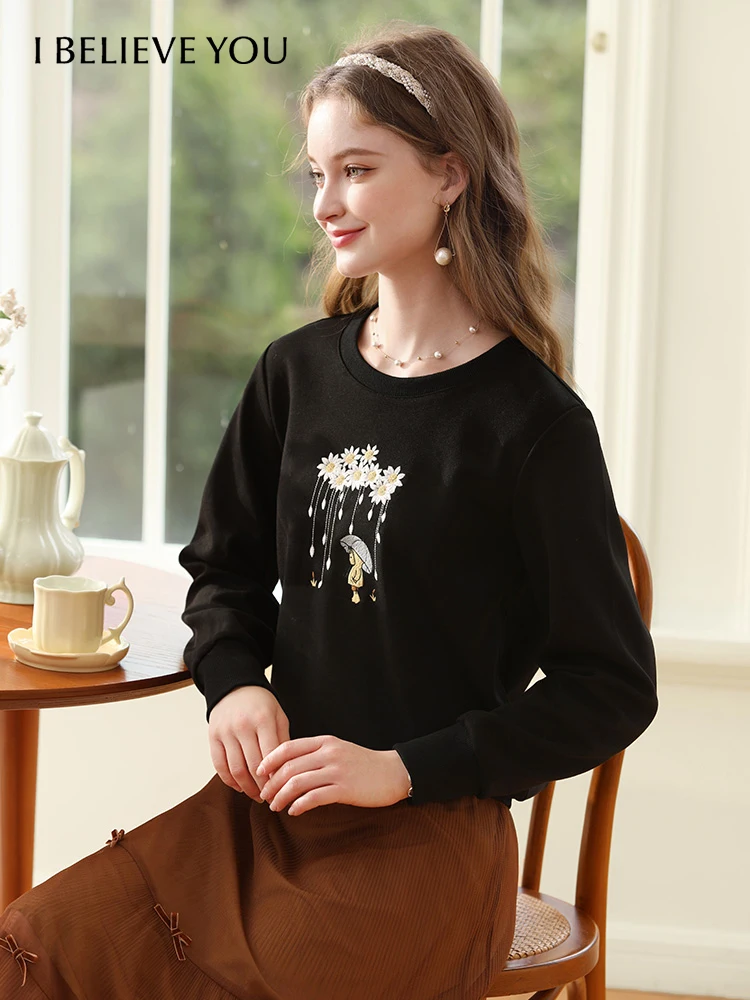 I BELIEVE YOU felpe con cappuccio per le donne 2023 autunno nuovo ricamo nero o-collo Pullover Casual allentato felpe a maniche lunghe 2233195321