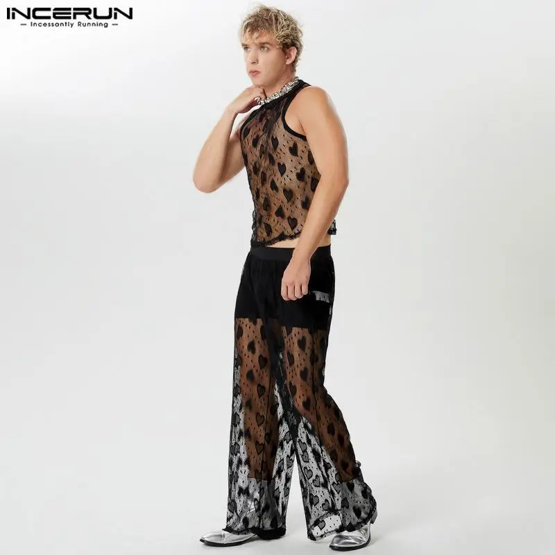 INCERUN Men Sets Mesh Transparent Printing O-neck Sleeveless Tank Tops & Pants 2PCS Streetwear 2024 Sexy Fashion Men Suits S-5XL