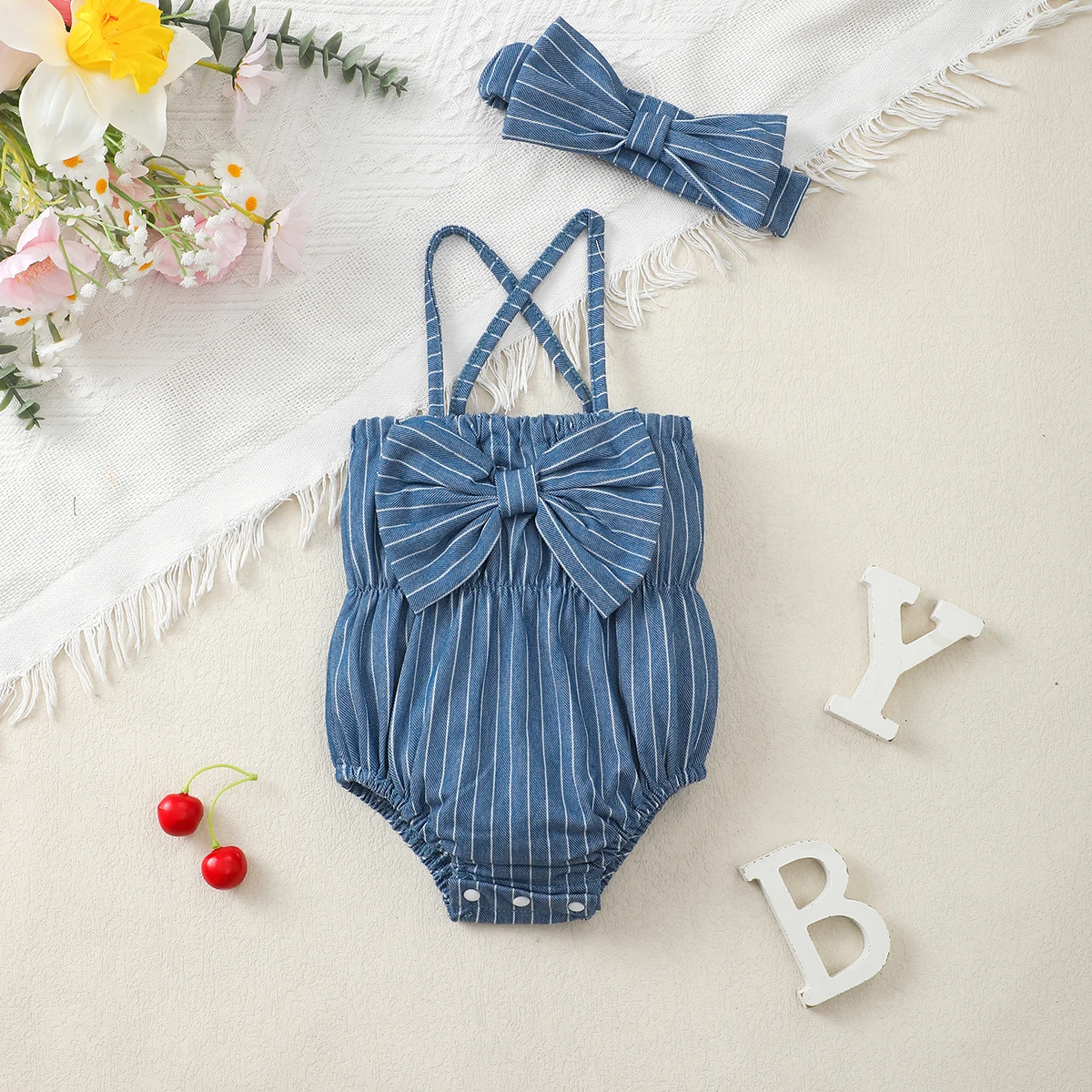 Newborn Children Baby Girl Jumpsuit Blue Suspender Bow Stripe Summer Jumpsuit 0-18 Months Baby Girl Crawling Suit Baby Clothes