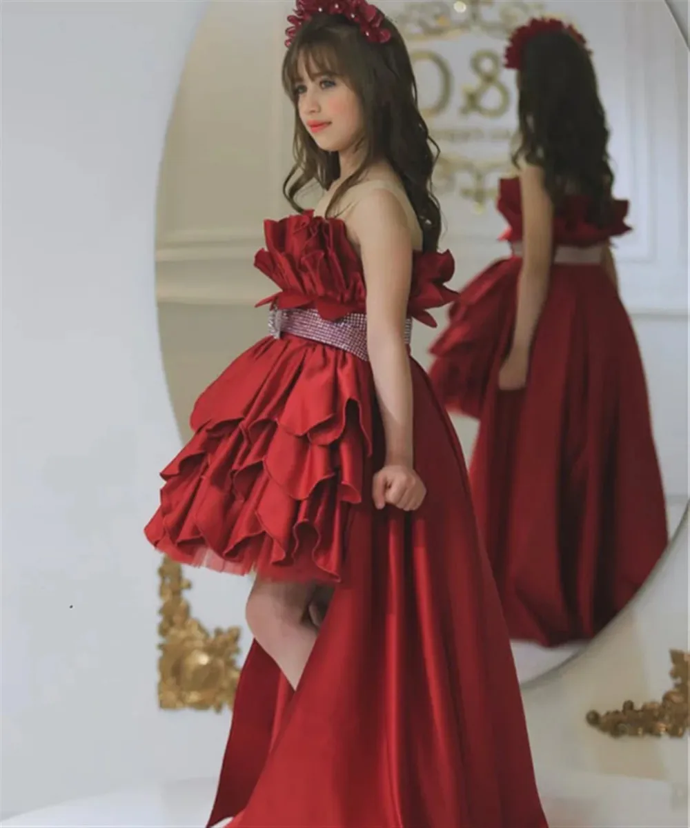 

Strapless Luxury Elegant Flower Girl Wedding Dress Sleeveless with Sweep Train Pleat Kids First Communion Gown Customized