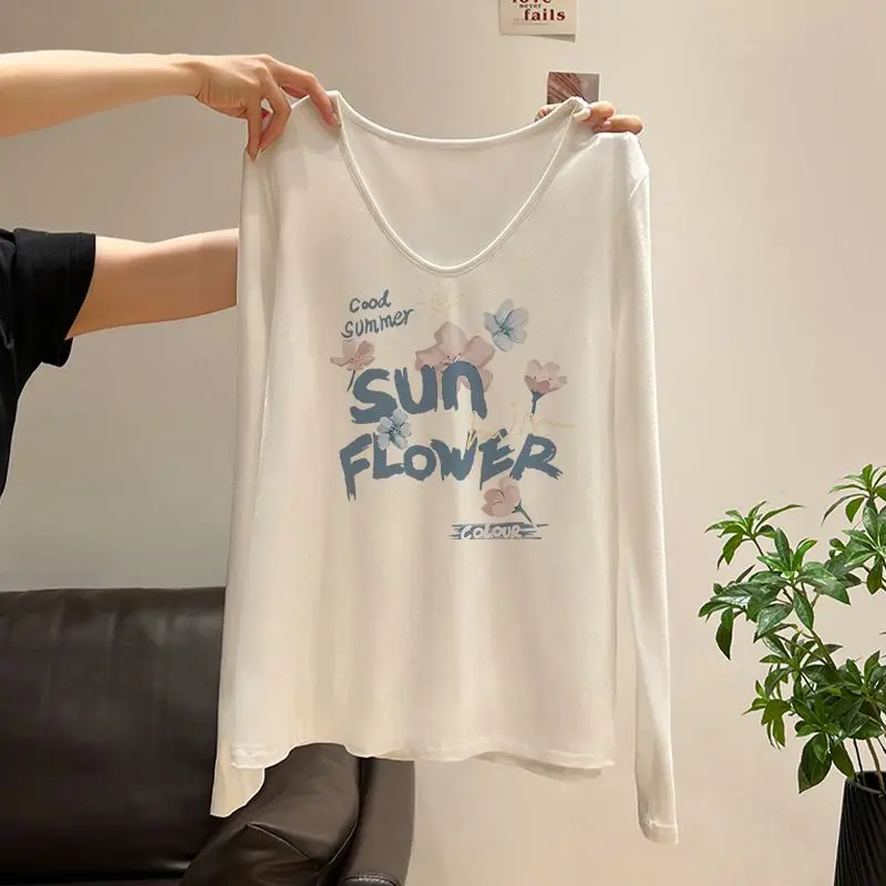 

Осенняя новая осенне-зимняя футболка из чистого хлопка с длинными рукавами и принтом, свободный топ на правое плечо, модный