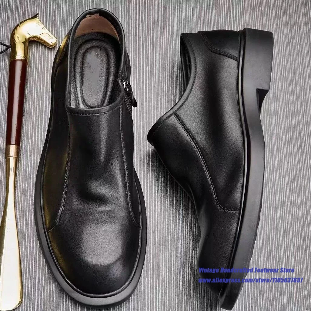 Black Leather Side Zipper Men's Shoes Thick-Soled Height Increasing Business Dress Shoes ﻿Vintage Handcrafted Men's Shoes