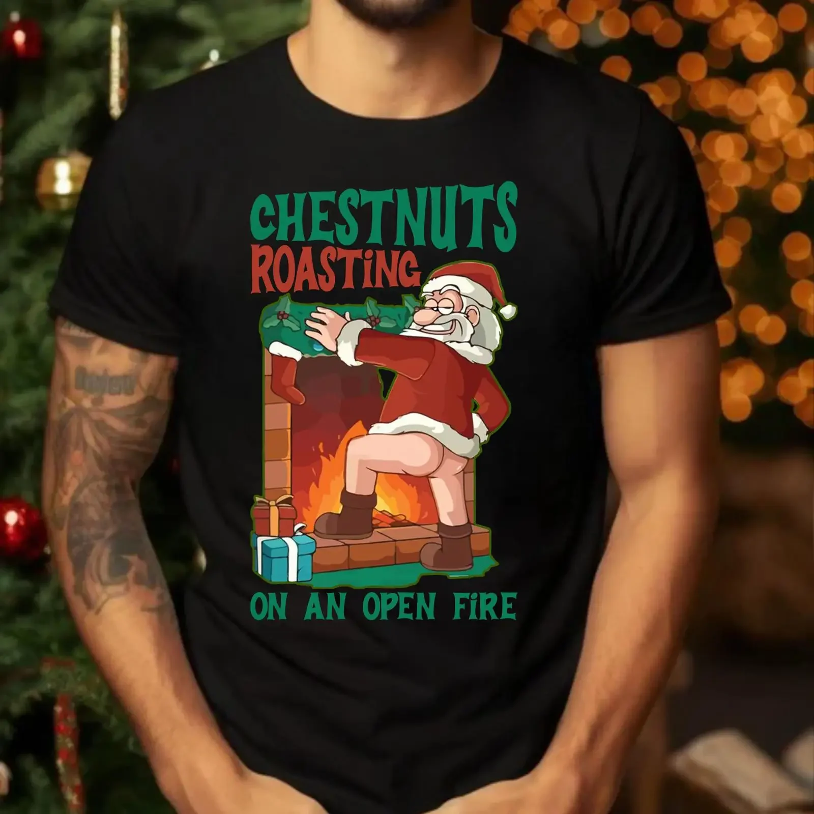 Chestnuts Roasting Funny Christmas T Shirt Santa by Fireplace Xmas Meme Jumper vintage Washed Comfortable Unisex Soft