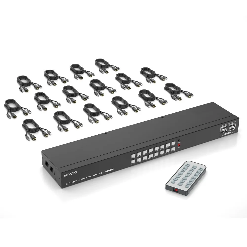16 port KVM switch HDMI 4K+cable (upgraded 2-in1), MT-VIKI 1U rack mounted KVM switch console 16x1