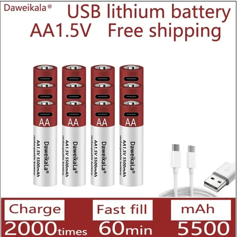 Nueva batería de iones de litio recargable AA USB 1,5 V AA 5500mAh/batería de iones de litio reloj de juguete reproductor MP3 termómetro teclado