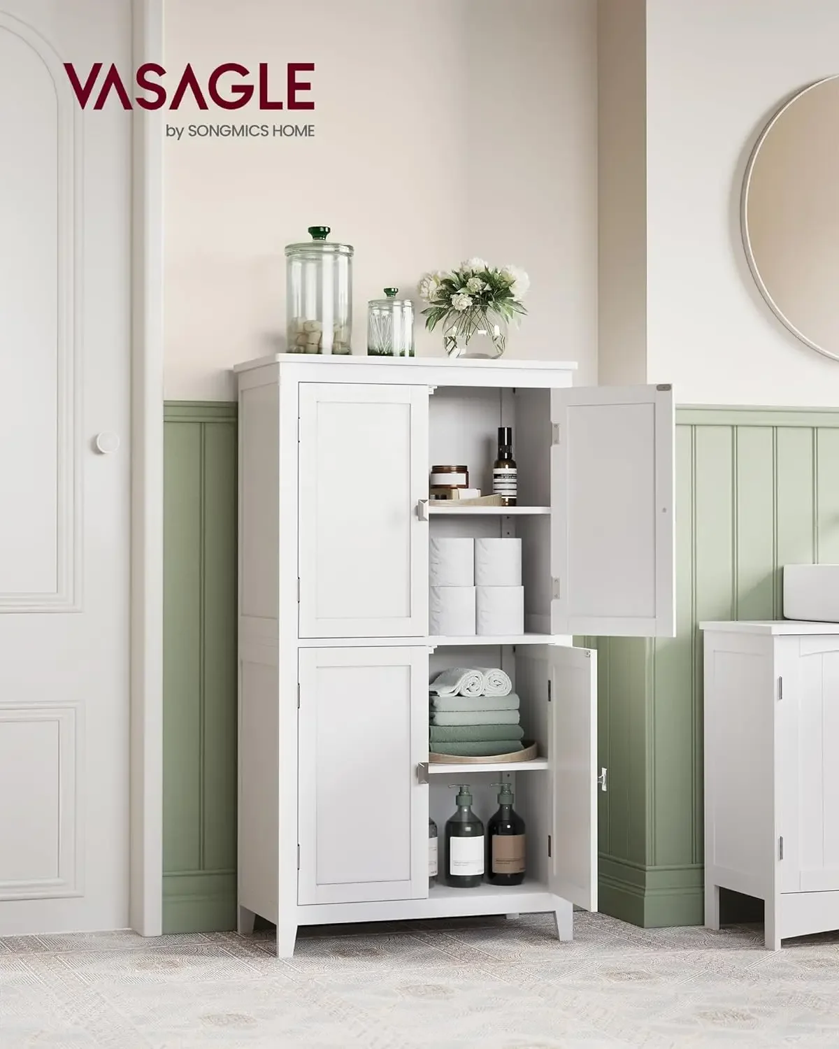 Bathroom Floor Storage Cabinet, Bathroom Storage Unit, Freestanding Cabinet with 4 Doors, Adjustable Shelves, 11.8 x 23.