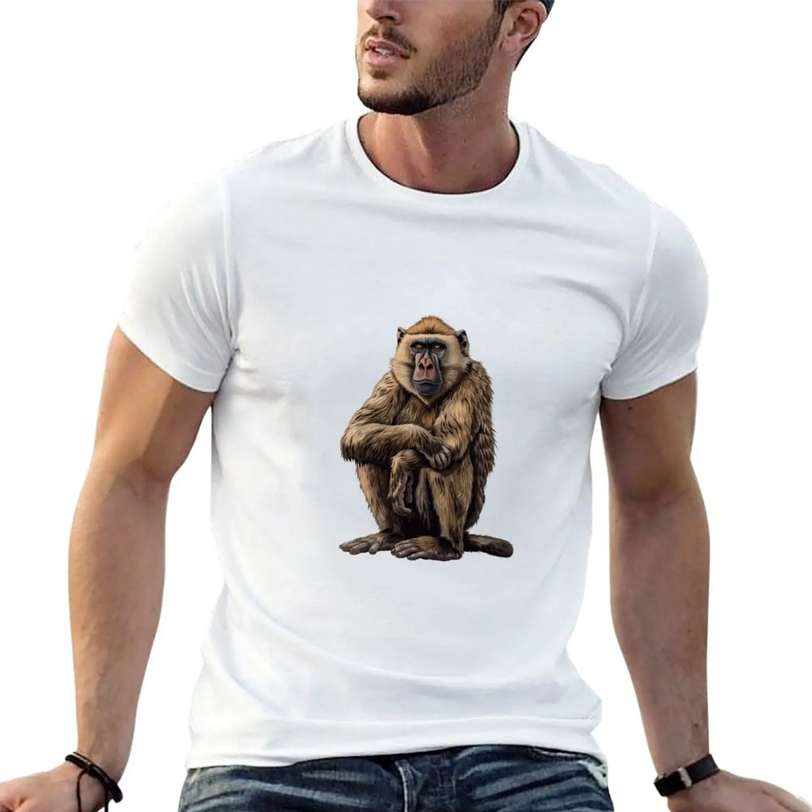 Majestic Baboon in Thoughtful Repose T-Shirt Abstract Pattern Print Top