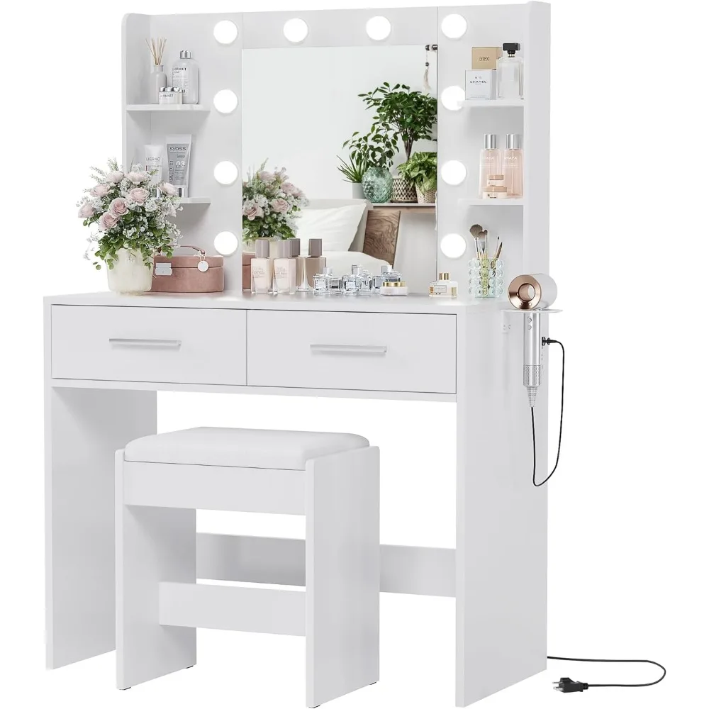 

Vanity Desk with Mirror, Makeup Table with 2 Large Drawers, Power Outlet and Round Holder, 3 Color Modes Adjustable Bulb