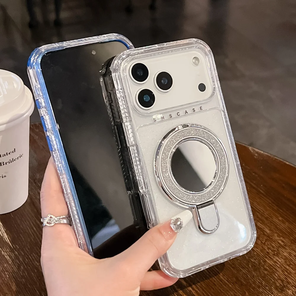 SHS بريق شفاف مرآة المغناطيسي حامل حافظة آيفون 17 برو ماكس 16 15 14 زائد 13 12 11 الثقيلة درع غطاء مقاوم للصدمات