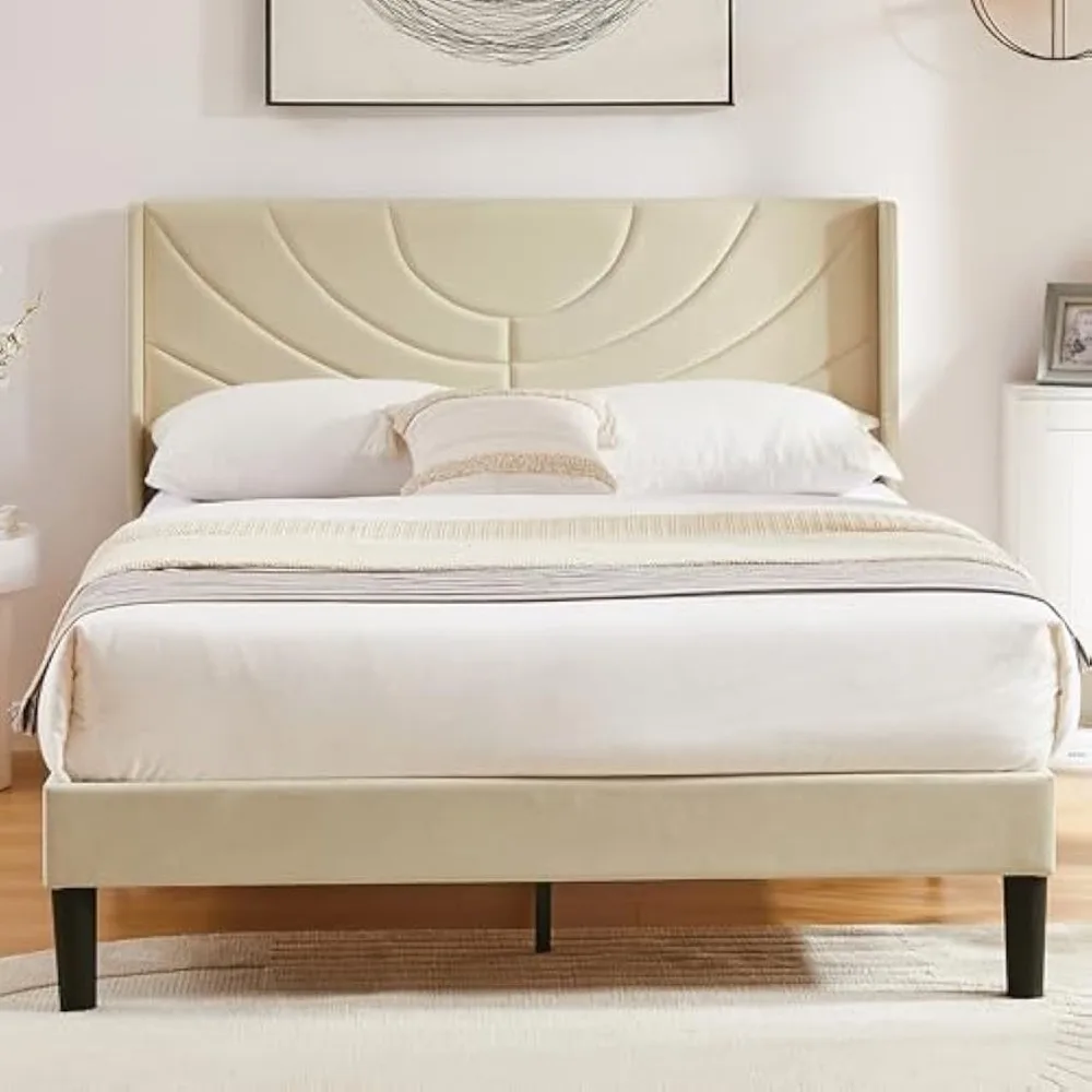vecelo upholstered platform queen bed frame with fabric headboard,wooden slats support/no box spring needed/mattress foundation,