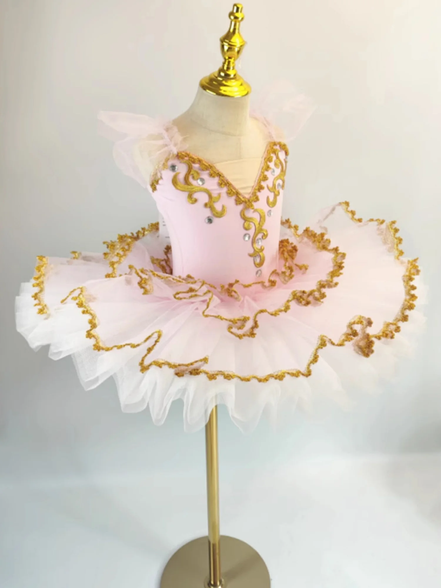 Ballerina Dress Girls Gold Trim Tutu Ballet Dance Outfit Kids Layered Tulle Dress Practice Performance Costume Ruffles Sleeves