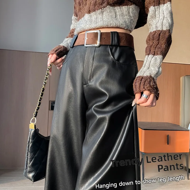 Bla Fce اصطف بولي بنطال بنطال جلدي المرأة عالية الخصر واسعة الساق مستقيم قطع Thiened ماتي الخريف الشتاء جديد Sle عادية T...