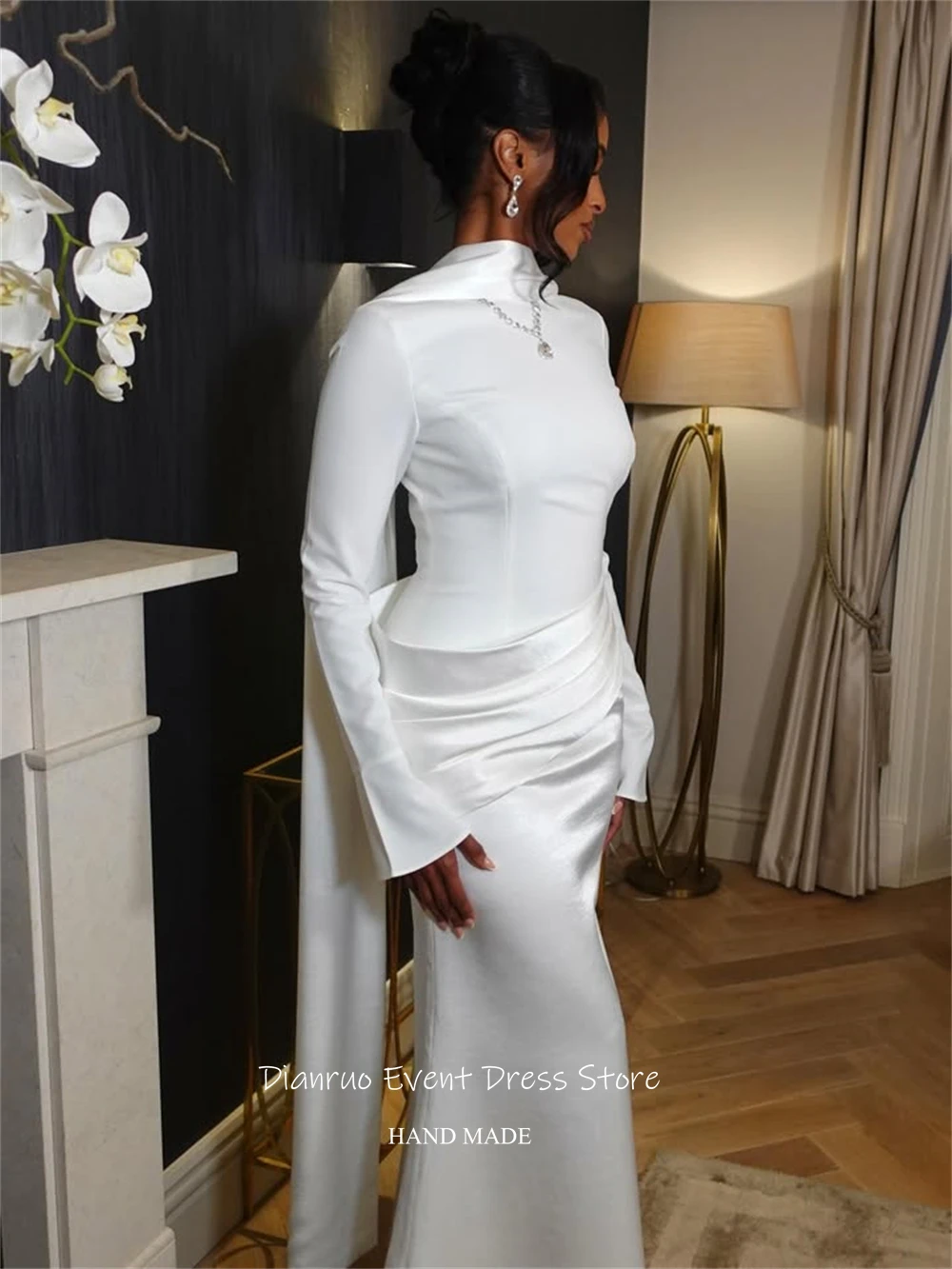 Dianruo белое вечернее платье с длинными рукавами и высоким воротом, атласный халат De Soirée Femme, ленты ручной работы, Vestidos Para Mujer по индивидуальному заказу