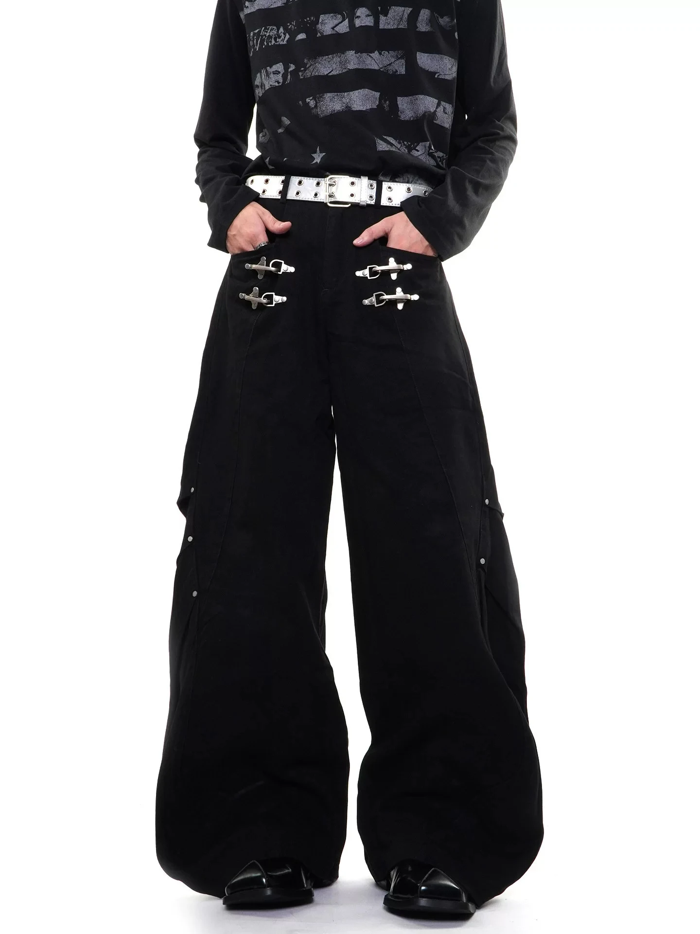 American High Street Pleated Deconstructed Aircraft Buckle Knife Jeans Loose Wide Leg Workwear for Men Youth Trendy
