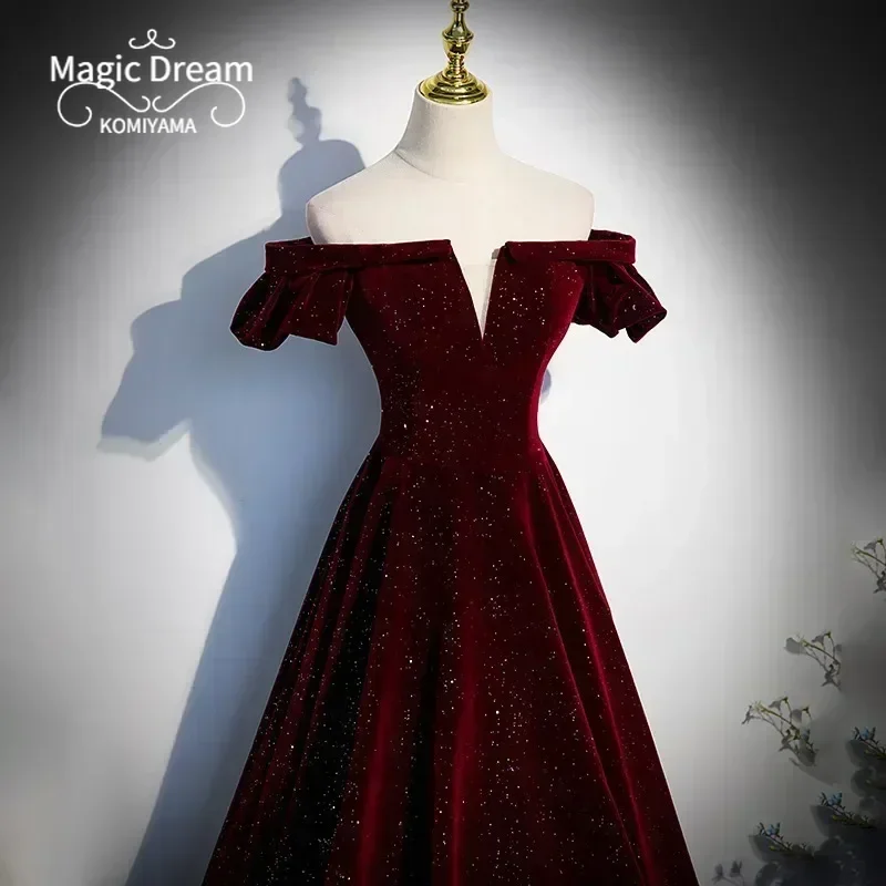 Personalizado de um ombro vinho vermelho veludo vestido de noite feminino cintura fina temperamento cintura fina vestidos de festa de casamento elegante pr