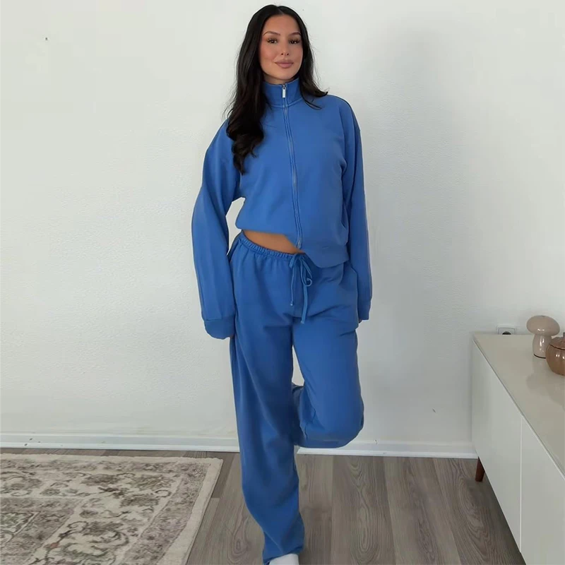Damen-Hosen-Sets mit Stehkragen, Langarm-Reißverschlussjacken, Kordelzug-Taille, Gerade Hosen, Herbst-Outfit für Frauen, Einfarbig, Locker Geschnitten, Neu – Detail 15