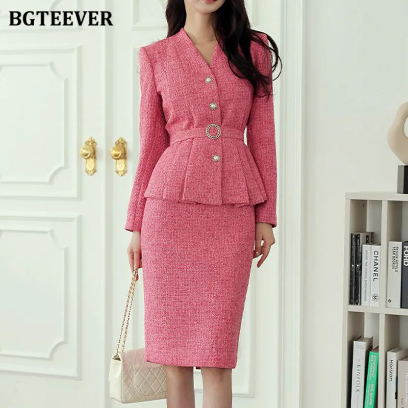 BGTEEVER Chic Elegant Slim Women 2 Pieces Skirt Set Long Sleeve Belted Single-breasted Jackets & High Waist Package Hip Skirts