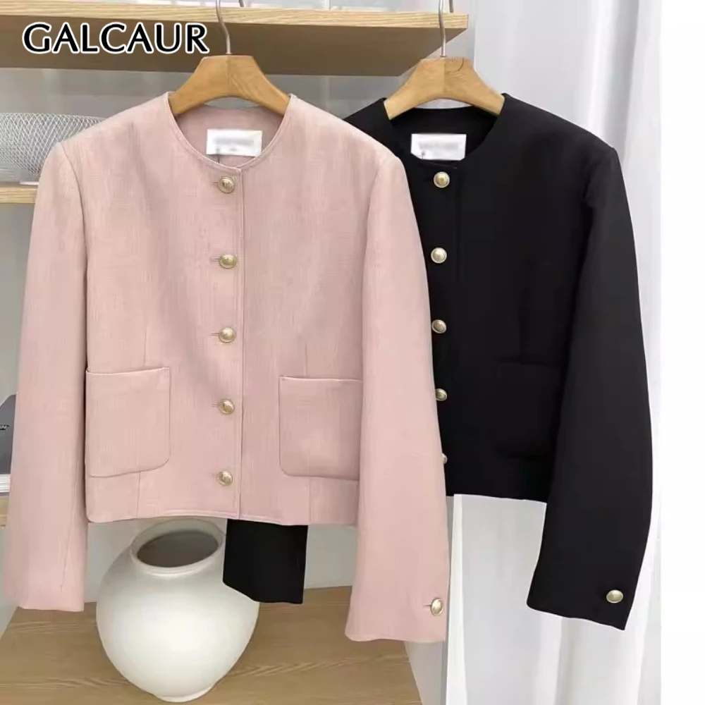 

GALCAUR однотонная куртка с карманами, женская свободная куртка с круглым вырезом и длинными рукавами, интеллектуальные женские куртки для поездок на работу, осенний стиль, мода