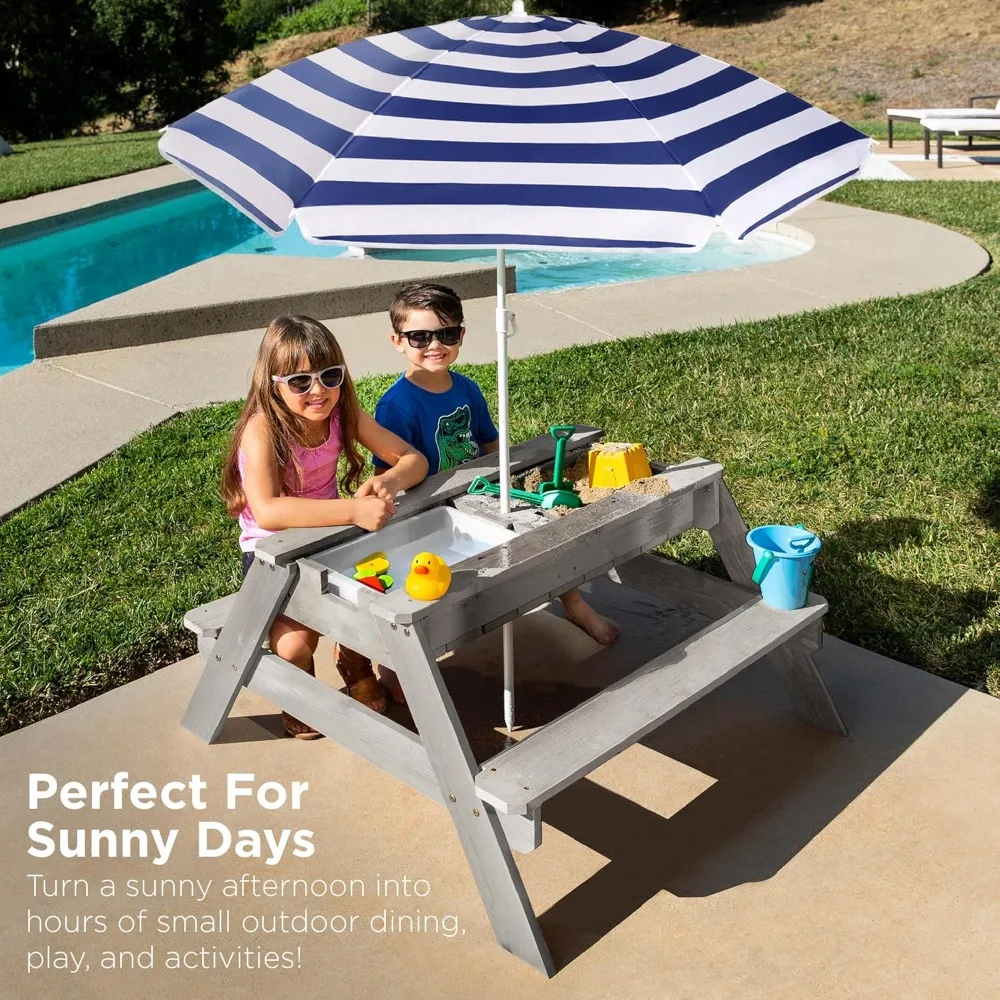 

Kids 3-in-1 Sand & Water Table, Wood Outdoor Convertible Picnic Table w/Umbrella, 2 Trays, Removable Top, 220lb Capacity