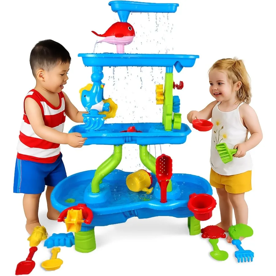Mesa de agua de 4 niveles para niños de 4 a 8 años, duchas de lluvia, mesa de arena y agua para exteriores, mesas sensoriales para niños pequeños, verano