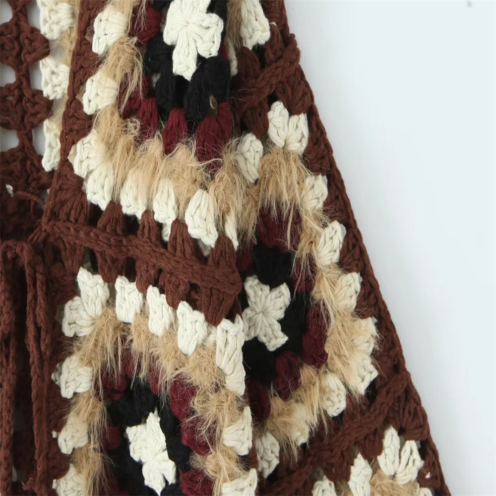 سترة صوفية شبكية مصنوعة يدويًا على الطراز العرقي مع جزء علوي متماسك برباط، سترة فضفاضة بنمط غريب