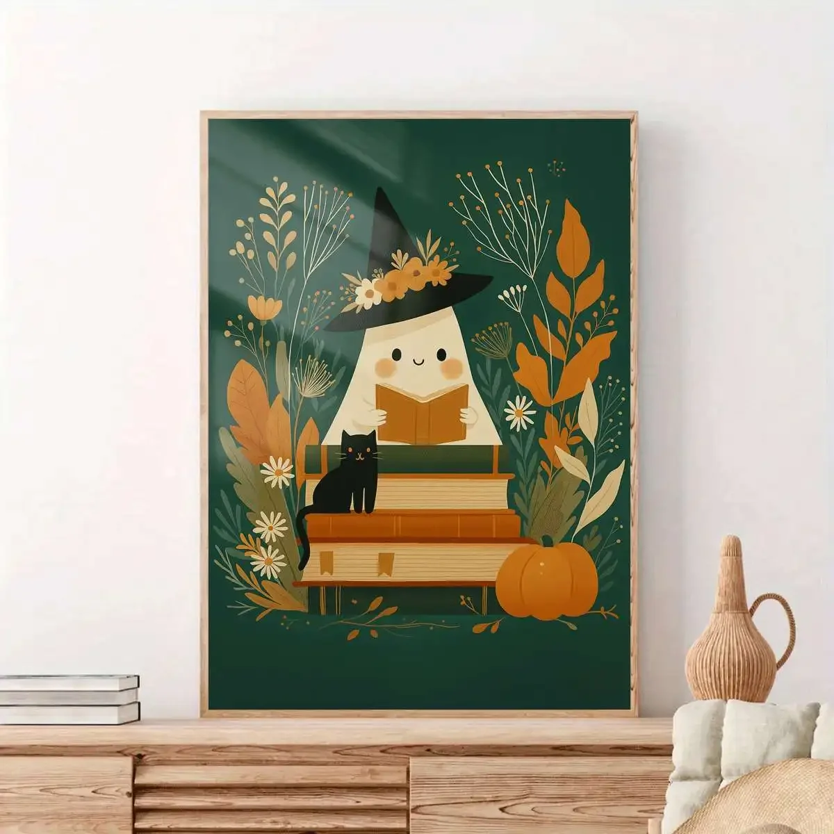 Póster artístico de fantasma y gato de Halloween, impresión en lienzo sin marco, decoración del hogar, regalo, hermosa decoración de habitación, arte de pared interior, 1 ud.