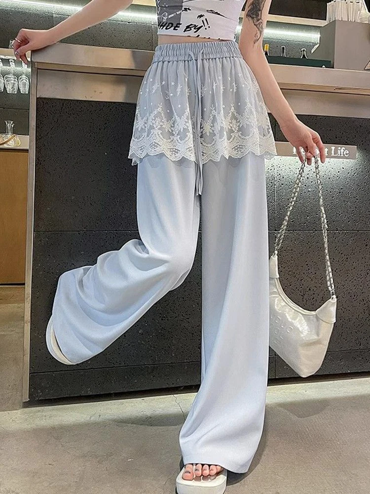 Zoete Kant Patchwork Broek Vrouwen Hoge Taille Leuke Casual Losse Broek Koreaanse Mode Zomer Elegante Chique Wijde Pijpen Broek Nieuw