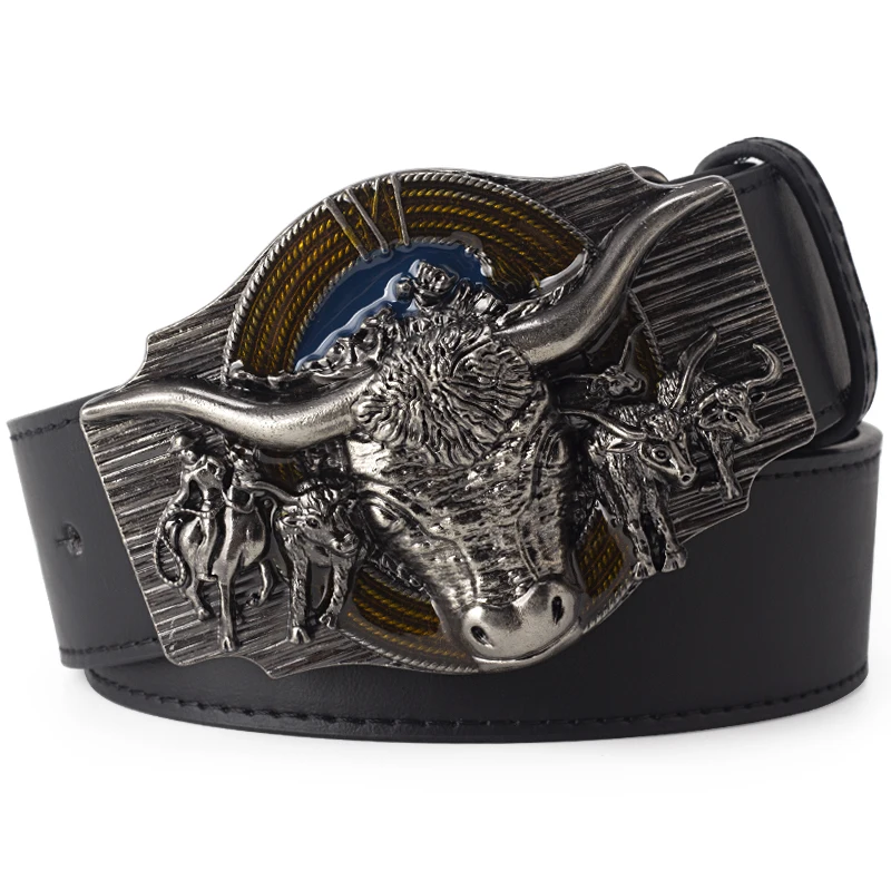 Fashion Mens Belt Cow Head Bull OX Horn Leather Belt Western Cowboy Wild West Style Punk Rock Hip-hop Waistband