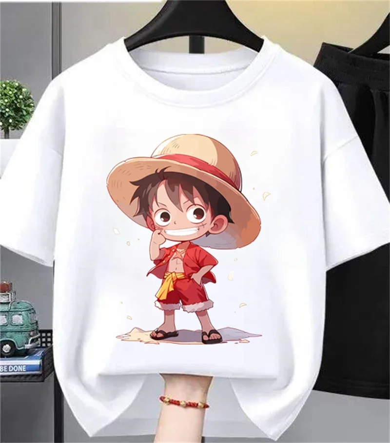 

Summer Kids One Piece T-Shirt Monkey D Luffy Graphic Print Casual Anime Short Sleeve Breathable Soft Tops Boys Girls Daily Wear