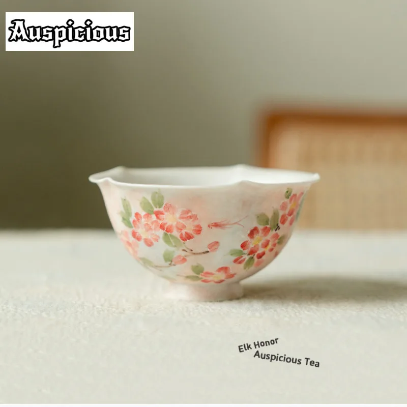 

90ml Rock Ore White Hand-painted Peach Blossom Ancient Tea Bowl Set Of Cups Tea-tasting Meditation Cup Chazhan Master Cups Tea