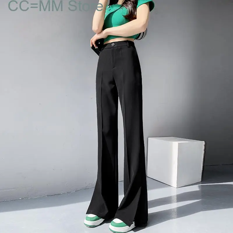 

New Side Split Pants for Women Elegant Office Ladies Flare Pants Khaki Black Vintage Streetwear High Waist Wide Leg Bottoms