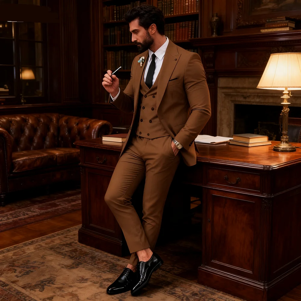 

Мужской костюм-смокинг из 3 предметов с пиковыми лацканами, пиджаком, двубортным жилетом и брюками для свадьбы и деловых повседневных мероприятий