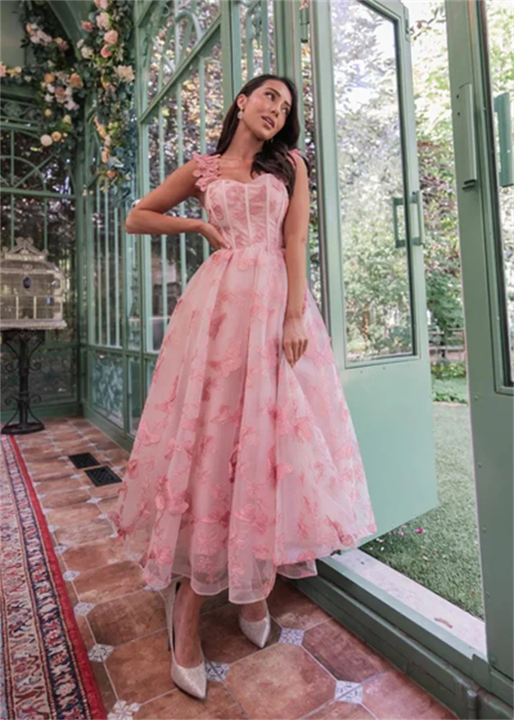 Jessica Sweet Pink Wedding Dress Butterfly Floral Tulle Prom Dresses Princess Evening Dresses Elegant Vestidos De Fiesta